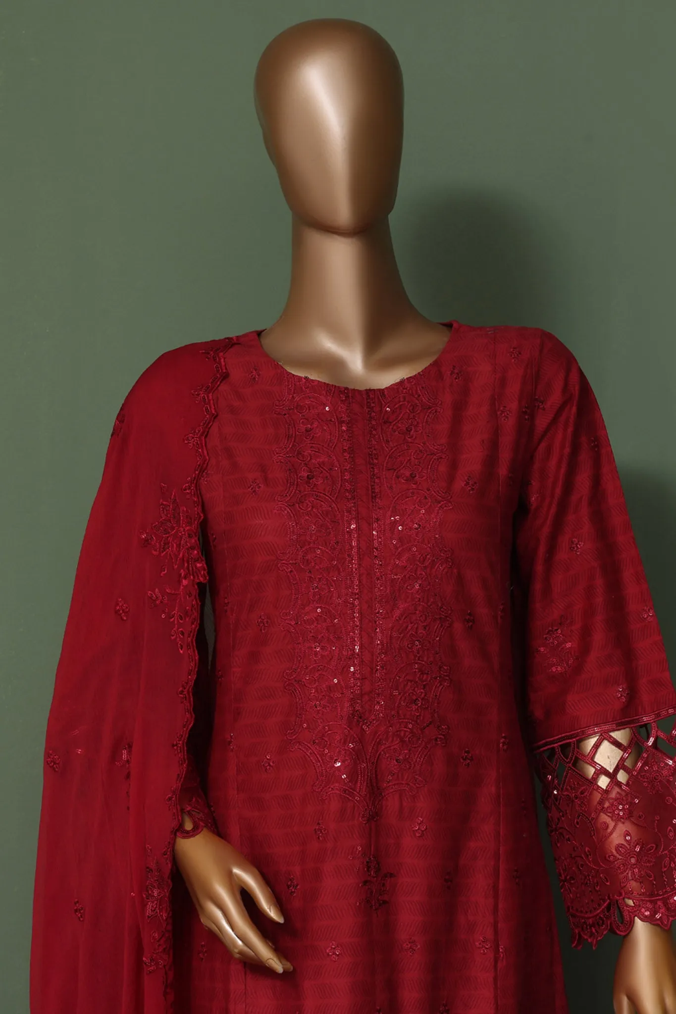 Bin Saeed Stitched 3 Piece Luxury Self Emb Cotton Frocks Collection'2024-SMK-1006-Red