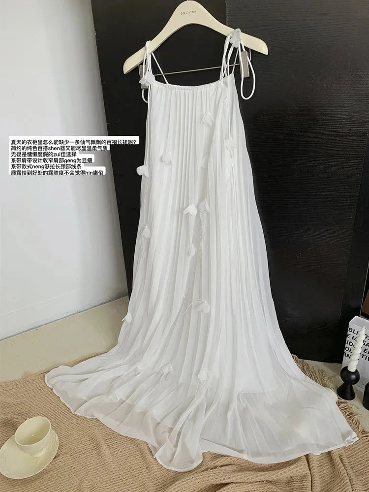 Bonnyshow Woman Chiffon A-Line Dress Gauze Halter Dress Square Neck Spaghetti Strap Off Shoulder Fairy Core Frocks One-Piece Aesthetics