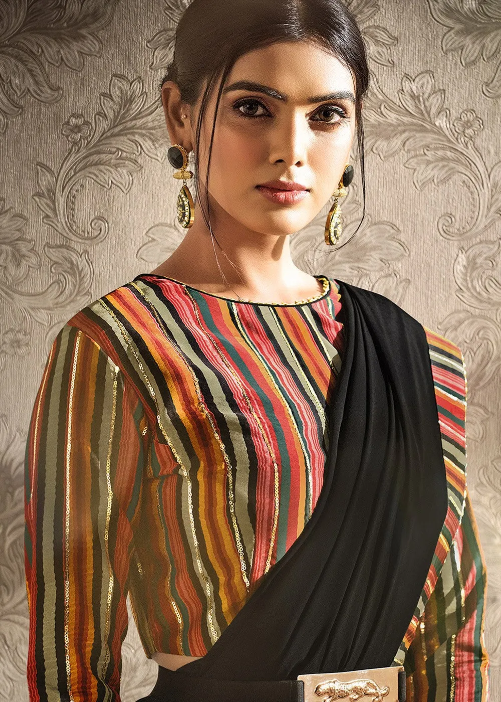Classy Black Digital Print Satin Silk Designer Saree