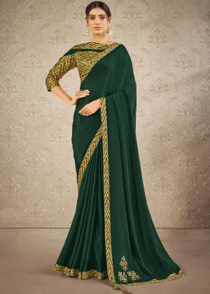 Deep Green Digital Print Satin Silk Designer Saree