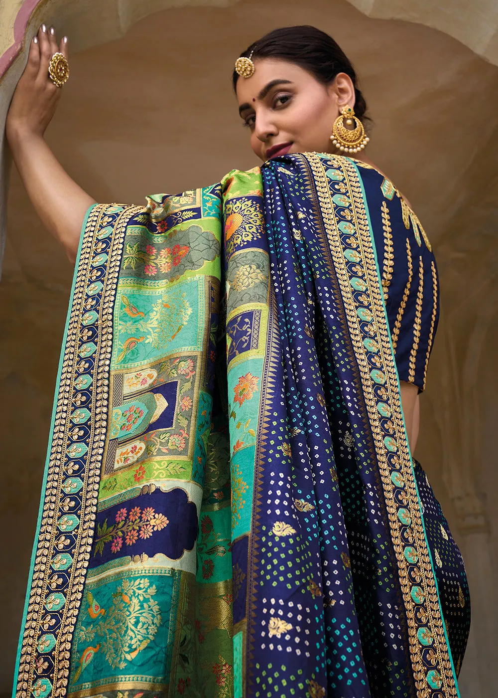 Designer Multicolor Superior Blue Silk Wedding Wear Saree