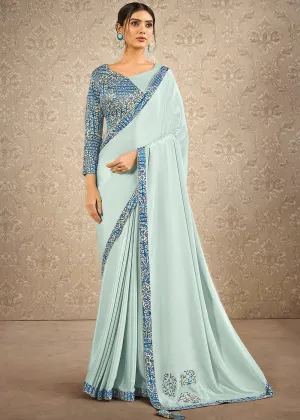 Light Blue Digital Print Silk Georgette Designer Saree