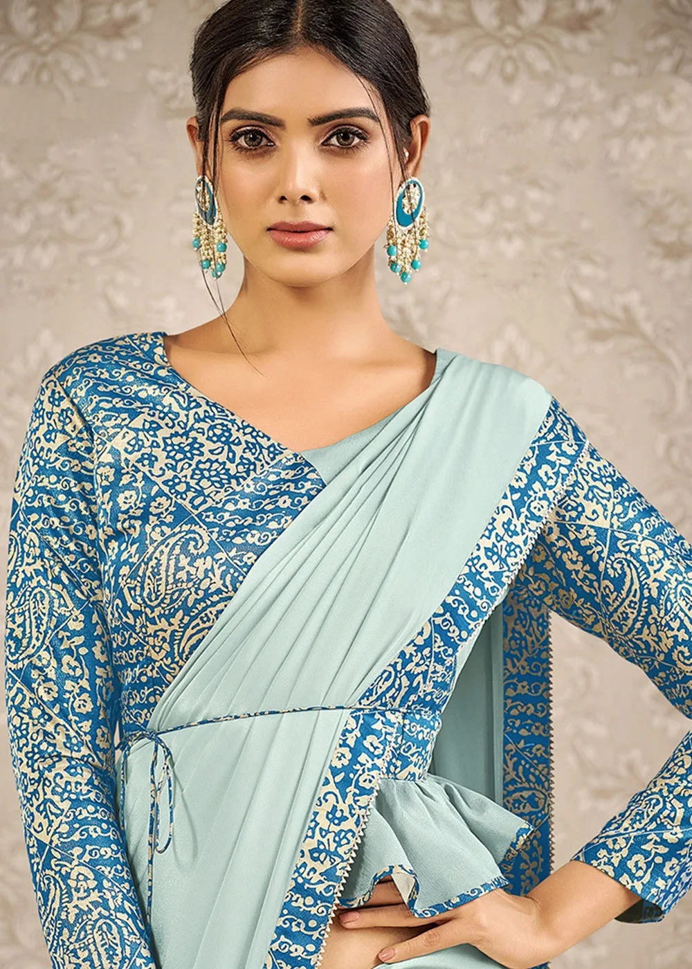 Light Blue Digital Print Silk Georgette Designer Saree