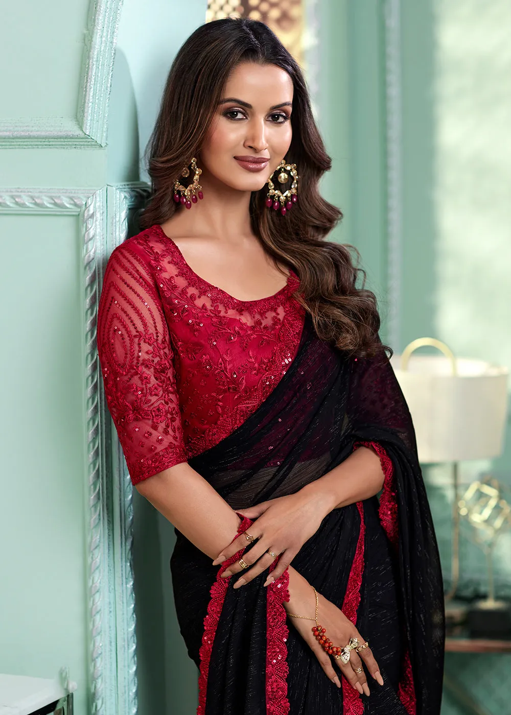 Lovely Black Chiffon Embroidered Wedding Party Wear Saree