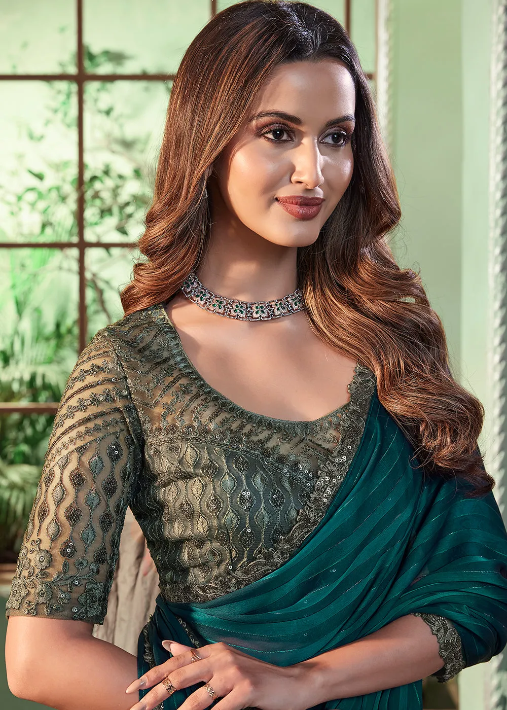 Lovely Green Georgette Silk Embroidered Wedding Party Wear Saree