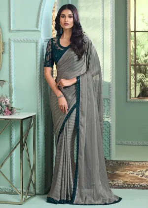 Lovely Grey Georgette Silk Embroidered Wedding Party Wear Saree