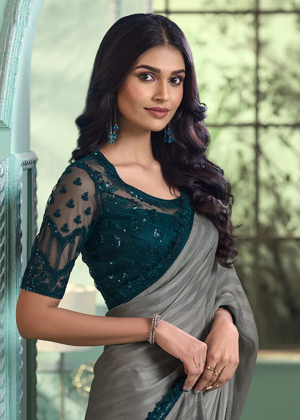 Lovely Grey Georgette Silk Embroidered Wedding Party Wear Saree