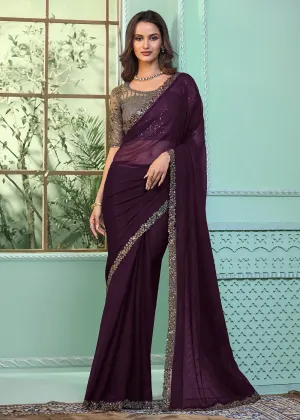 Lovely Purple Chiffon Embroidered Wedding Party Wear Saree