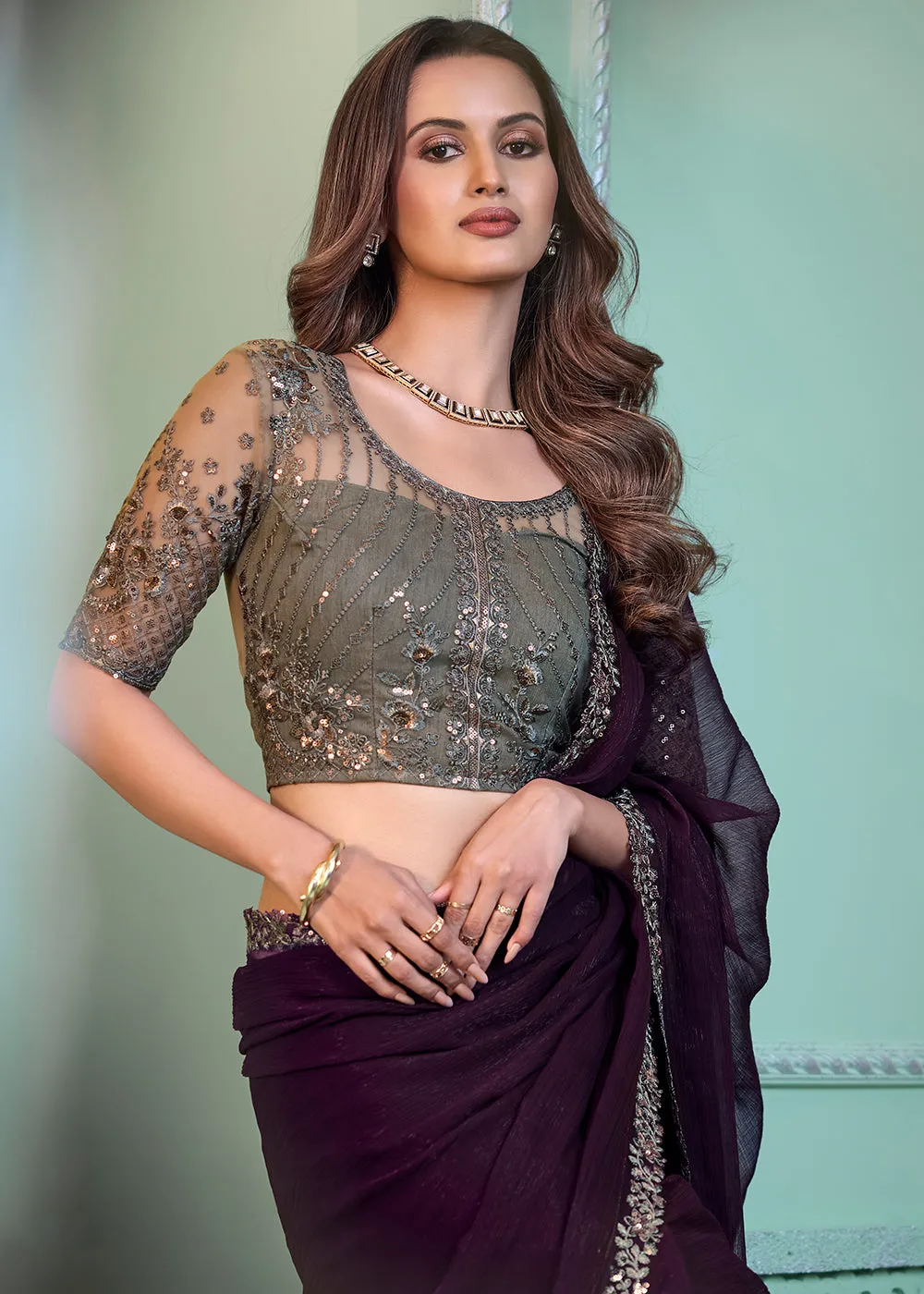 Lovely Purple Chiffon Embroidered Wedding Party Wear Saree