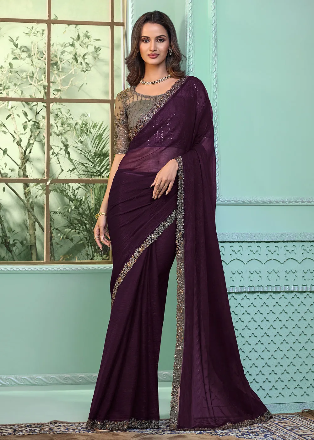 Lovely Purple Chiffon Embroidered Wedding Party Wear Saree