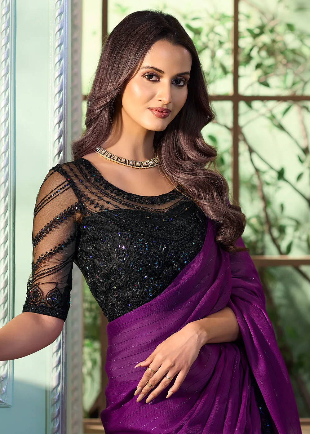 Lovely Violet Georgette Silk Embroidered Wedding Party Wear Saree
