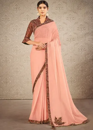 Salmon Peach Digital Print Tissue Silk Designer Saree