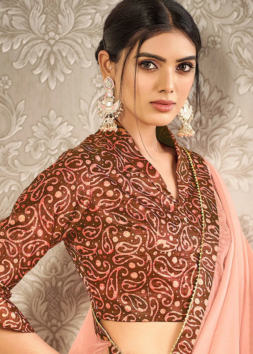 Salmon Peach Digital Print Tissue Silk Designer Saree