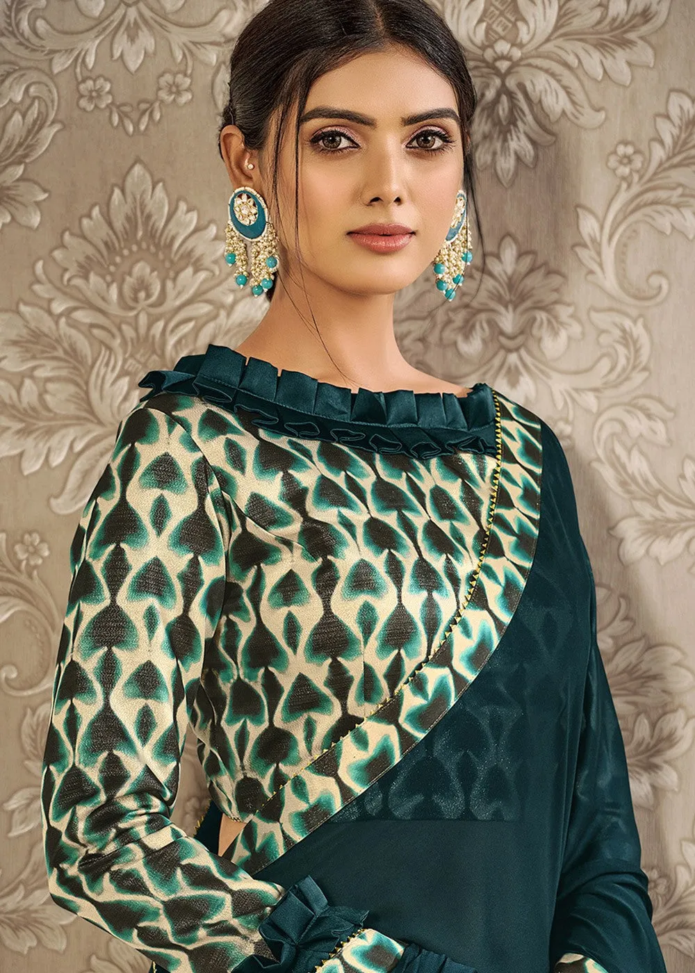 Teal Blue Digital Print Silk Georgette Designer Saree